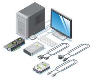 Isometric computer parts collection with monitor video card drives cable wires keyboard mouse system unit isolated vector illustration