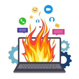 Overload. Burning computer. Cartoon laptop with flaming screen. Isolated broken electrical device. PC system reload. Fiery gadget reboot. Problems with software and internet messengers. Vector concept