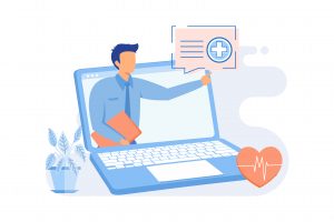 Telehealth Virtual medical care, remote admission, doctor advice, telehealth appointment, coronavirus pandemic lockdown, social distancing flat design modern illustration