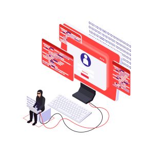 Cyber security concept with isometric character of hacker and spyware on computer vector illustration
